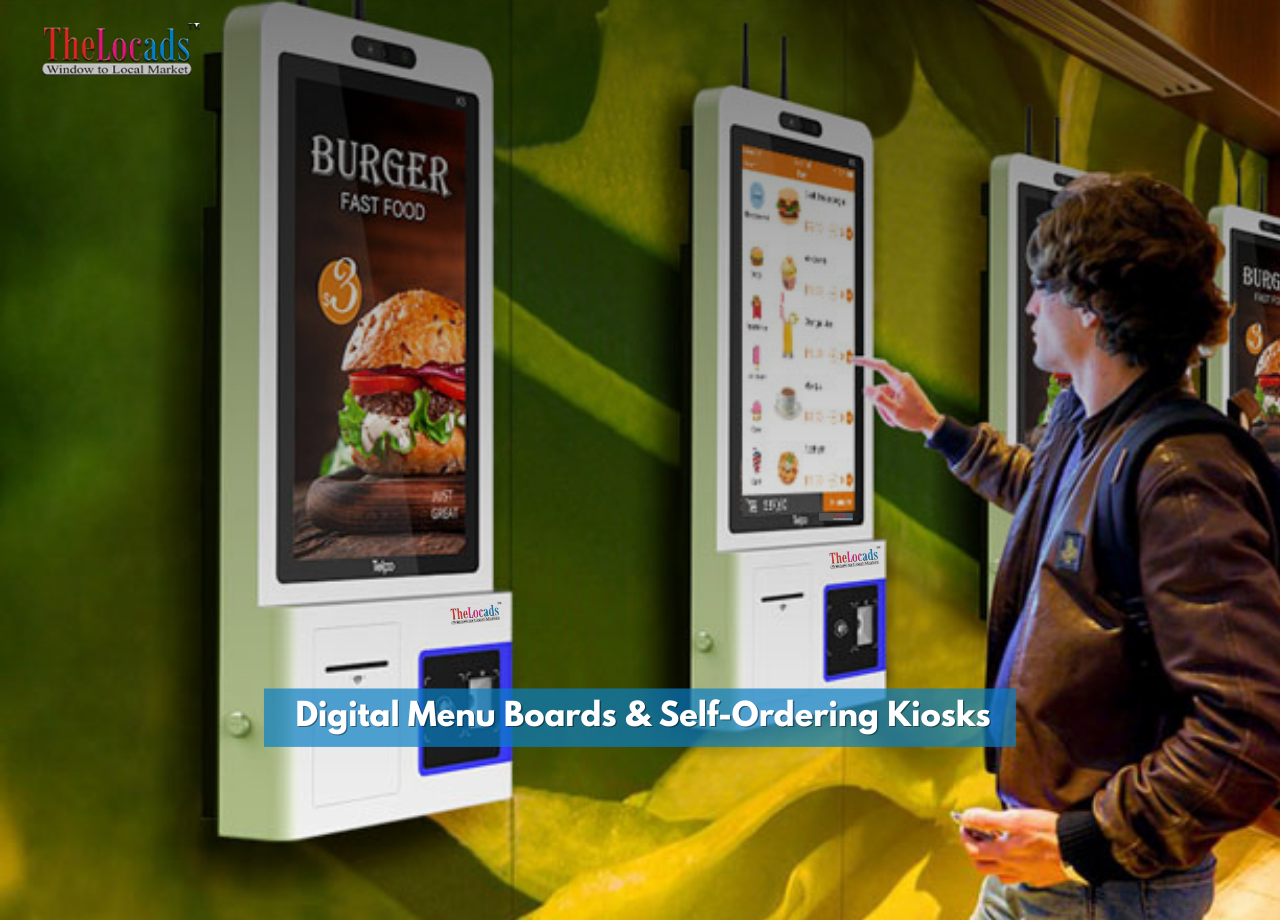 Customer using a self-ordering kiosk with digital menu boards displaying fast food items and prices in a modern restaurant setting.